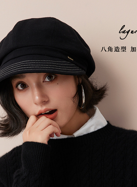 北海道-大花苞日系厚麻加绒贝雷帽复古八角帽画家帽秋冬帽子女款