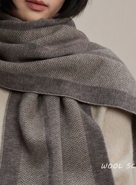 高端澳洲wool纯羊毛2025新款灰色针织围巾女冬季情侣款保暖围脖男