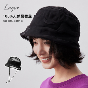 100%桑蚕丝 复古通透褶皱小礼帽遮白发帽子轻薄真丝渔夫帽送妈妈