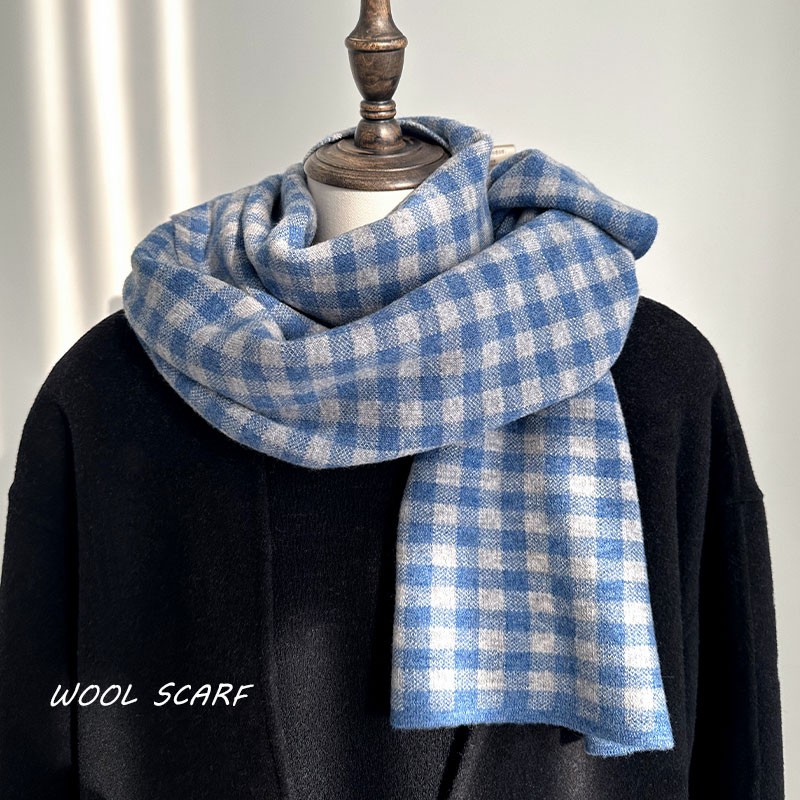 经典传承100%羊毛澳洲蓝色格子围巾男冬季情保暖高级感围脖礼盒装