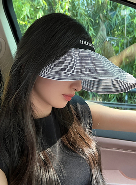 时髦蓝色海军条纹ins休闲字母空顶帽女逛街夏季遮阳遮脸防晒帽子
