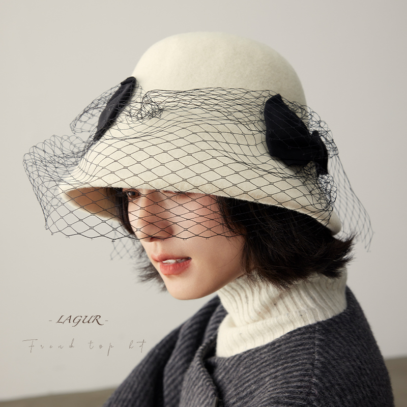 法式复古网纱蕾丝蝴蝶结盆帽礼帽