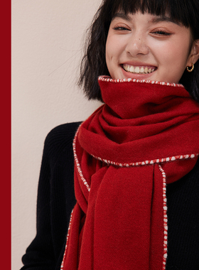 延续经典~H家丨新款Cashmere红色100%羊绒手工编织围巾女冬季高档