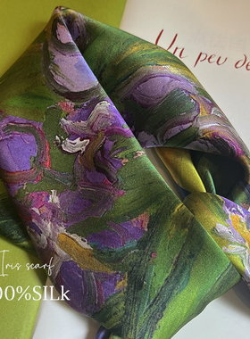 紫色鸢尾~100%桑蚕丝丝巾真丝65小方巾丝巾薄款高档送礼围巾碎花