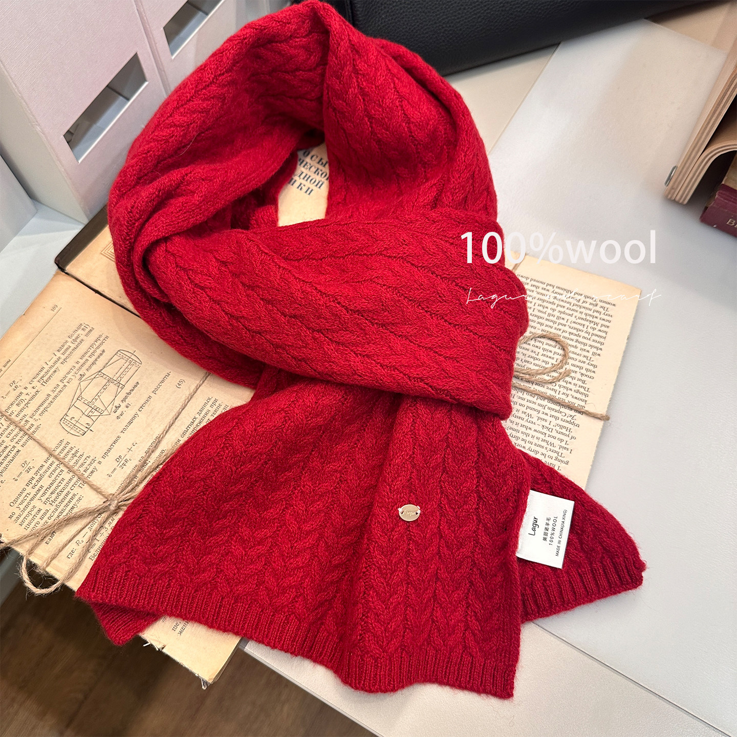 新年一抹红！麦穗纹编织100%美利奴羊毛红色围巾女冬季礼物本命年,服饰配件/皮带/帽子/围巾,围巾/丝巾/披肩,淘宝优惠券,粉丝福利购,淘宝优惠卷