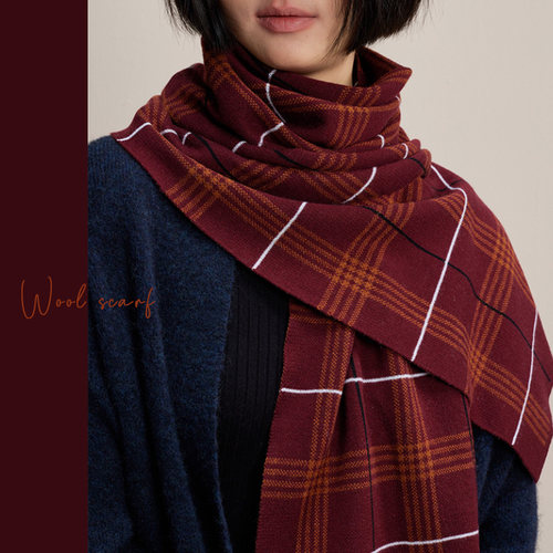 车厘子红经典格纹羊毛针织围脖