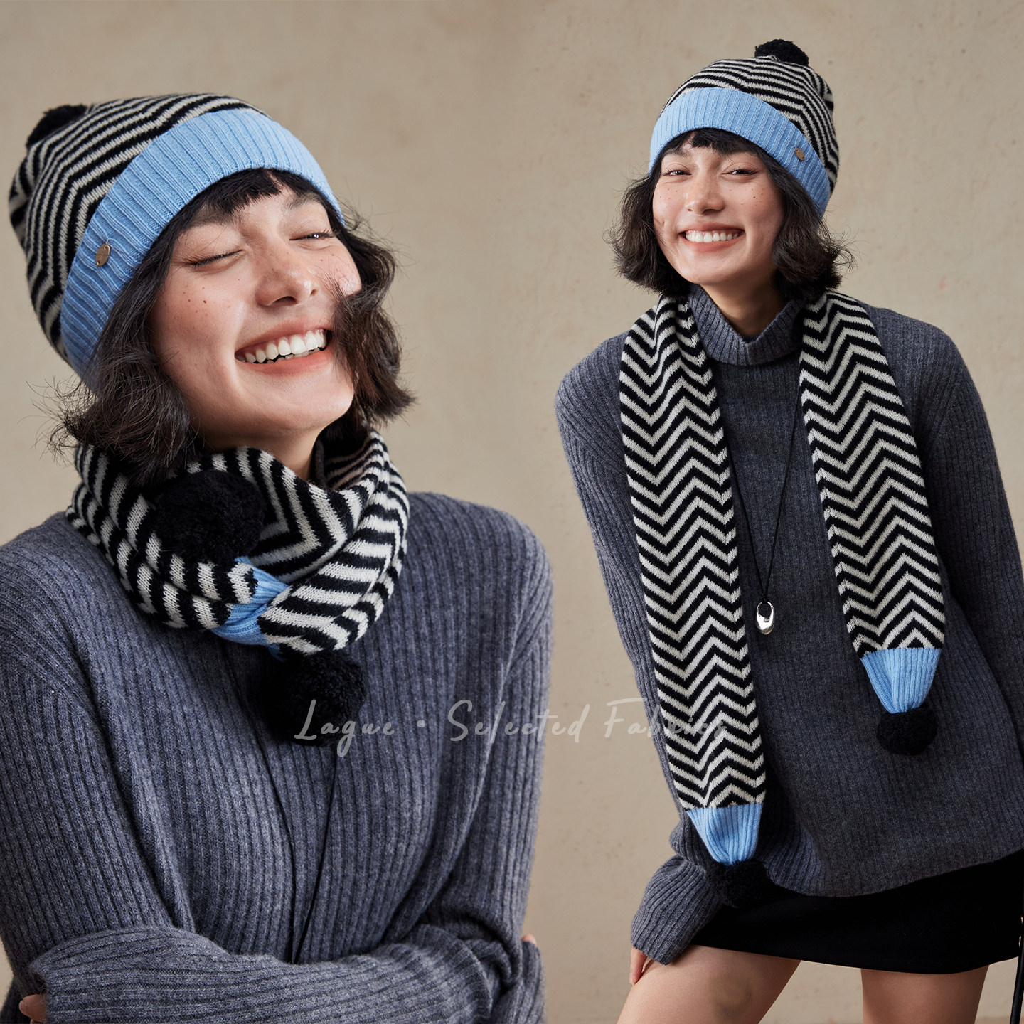 Lagur(治愈蓝围巾+帽子套装)100%美利奴羊毛条纹毛球围脖女冬针织,服饰配件/皮带/帽子/围巾,二件套,淘宝优惠券,粉丝福利购,淘宝优惠卷