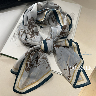 海风 淡蓝色100%双绉真丝围巾桑蚕丝春秋颈带发带丝巾绑包沙滩女