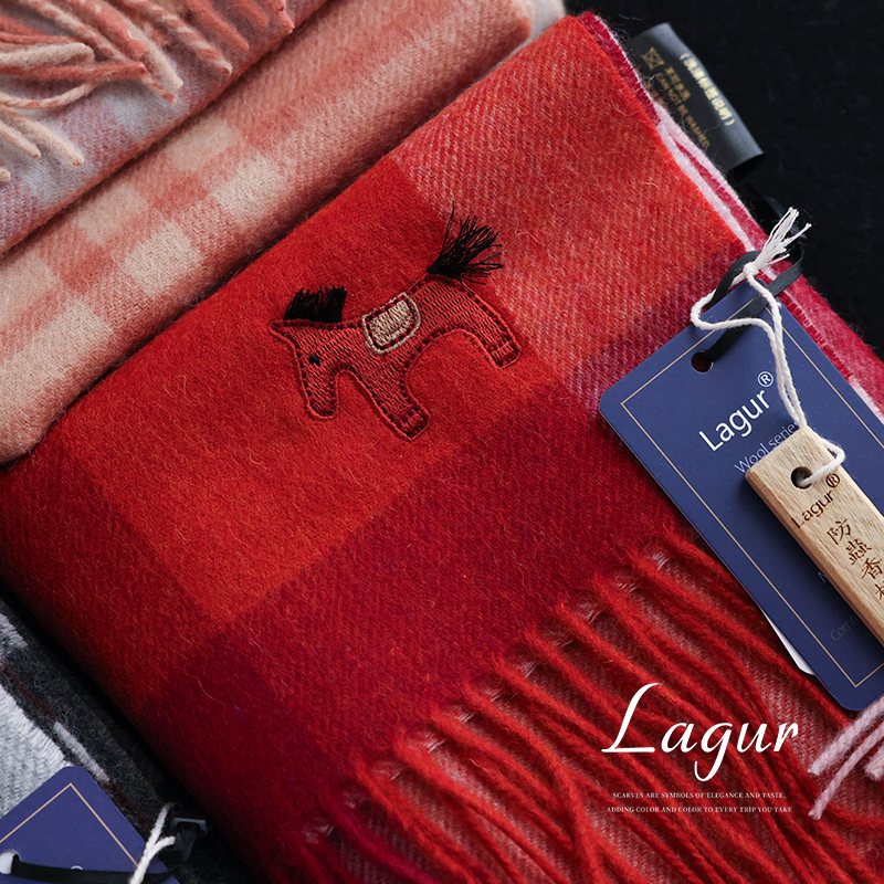 车厘子红~新年氛围100%澳洲羊毛围巾格子红色围脖礼盒装送礼冬季