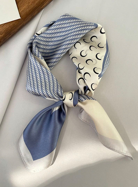 简约蓝色真丝小丝巾春秋100%桑蚕丝搭T恤方巾夏季拼接月牙小领巾