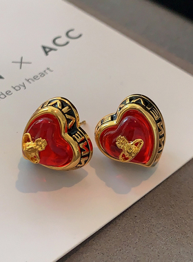 红色宝石爱心耳钉2025新款爆款西太后耳环轻奢高级感字母土星耳饰