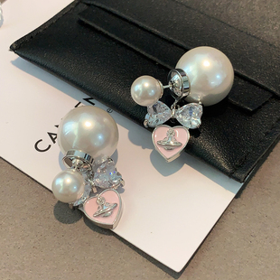 西太家双面珍珠耳钉2025新款爆款高级感蝴蝶结耳坠小香风爱心耳饰