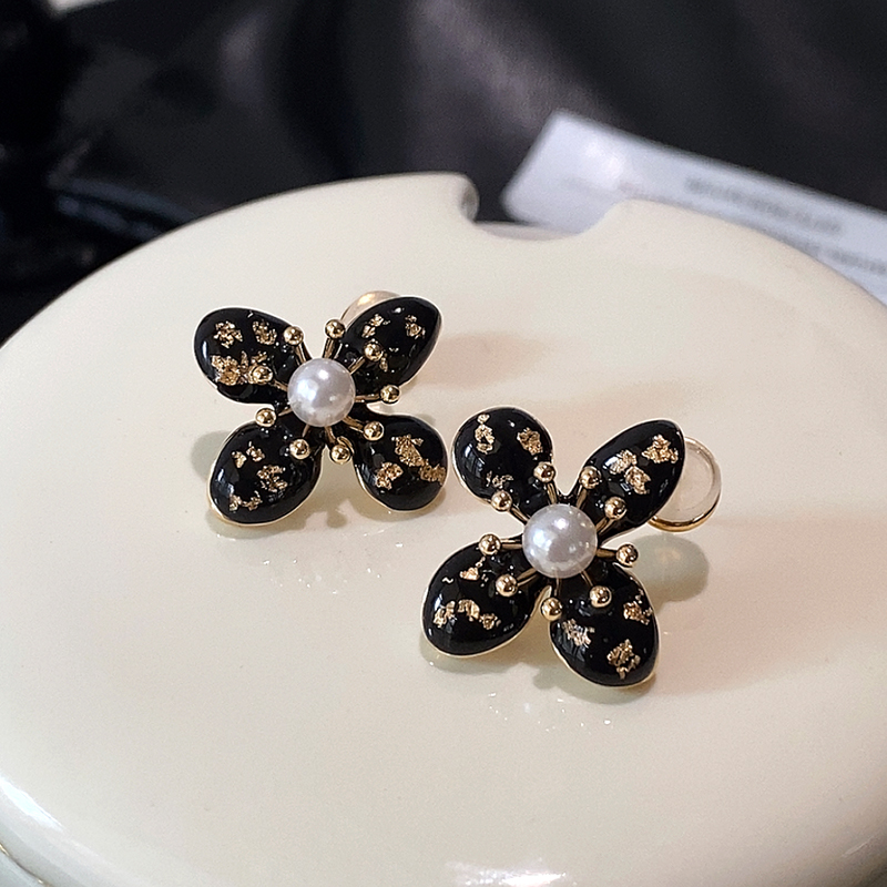 XMR欧美复古鎏金黑色花朵耳饰女