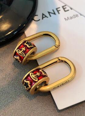 红色小蛮腰西太后耳扣2025新款爆款古铜色耳环轻奢高级感土星耳饰