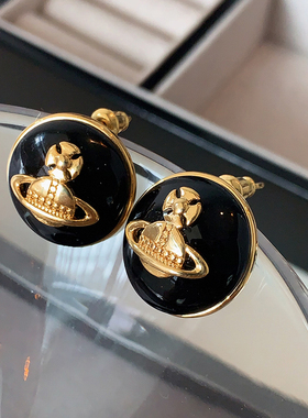 黑色西太后土星耳环2026新款爆款小香风耳钉轻奢高级感气质耳饰女
