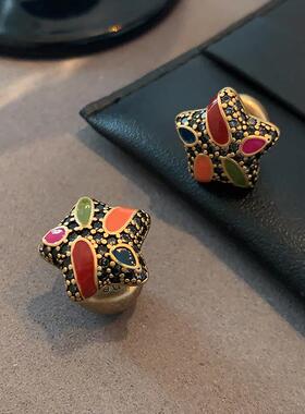 迪家五角星珐琅彩耳钉轻奢高级感气质大气耳饰欧美黑色小香风耳环