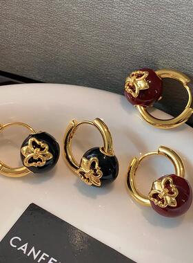 红色珐琅球球耳坠2025新款爆款金属圈圈耳扣女轻奢高级感蝴蝶耳环