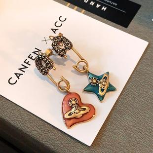 不对称红绿色西太后耳环2024新款 土星耳坠轻奢高级感爱心耳钉 爆款