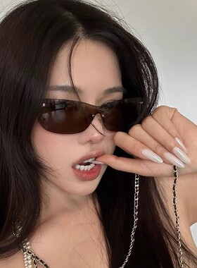 韩版不规则无框切边茶色墨镜女Y2K一体式连体防风太阳镜防紫外线