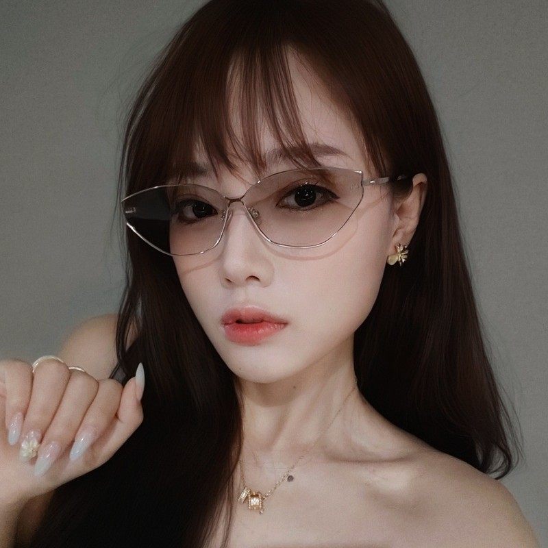 复古欧美无框水银太阳镜女辣妹Y2K网感窄框猫眼时髦墨镜圆脸显瘦