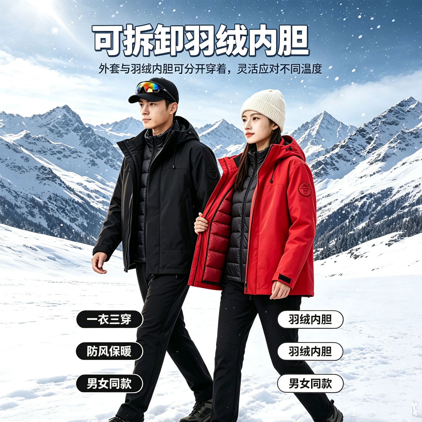 三合一冲锋衣男女羽绒内胆摇粒绒两件套防风防水可拆卸登山服外套