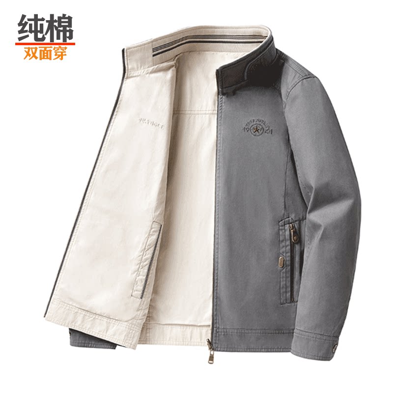 立领春秋冬宽松双面穿水洗夹克