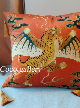可可的画廊中古风新中式古典复古橙色流苏老虎喜庆装饰家用抱枕