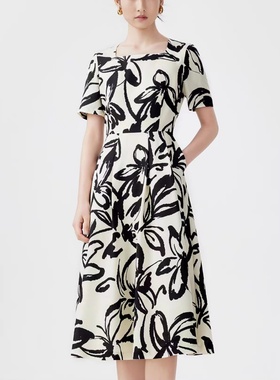 朗Z家连衣裙2024年夏款短袖桑蚕丝印花中长款女裙LSET00WOP111W21