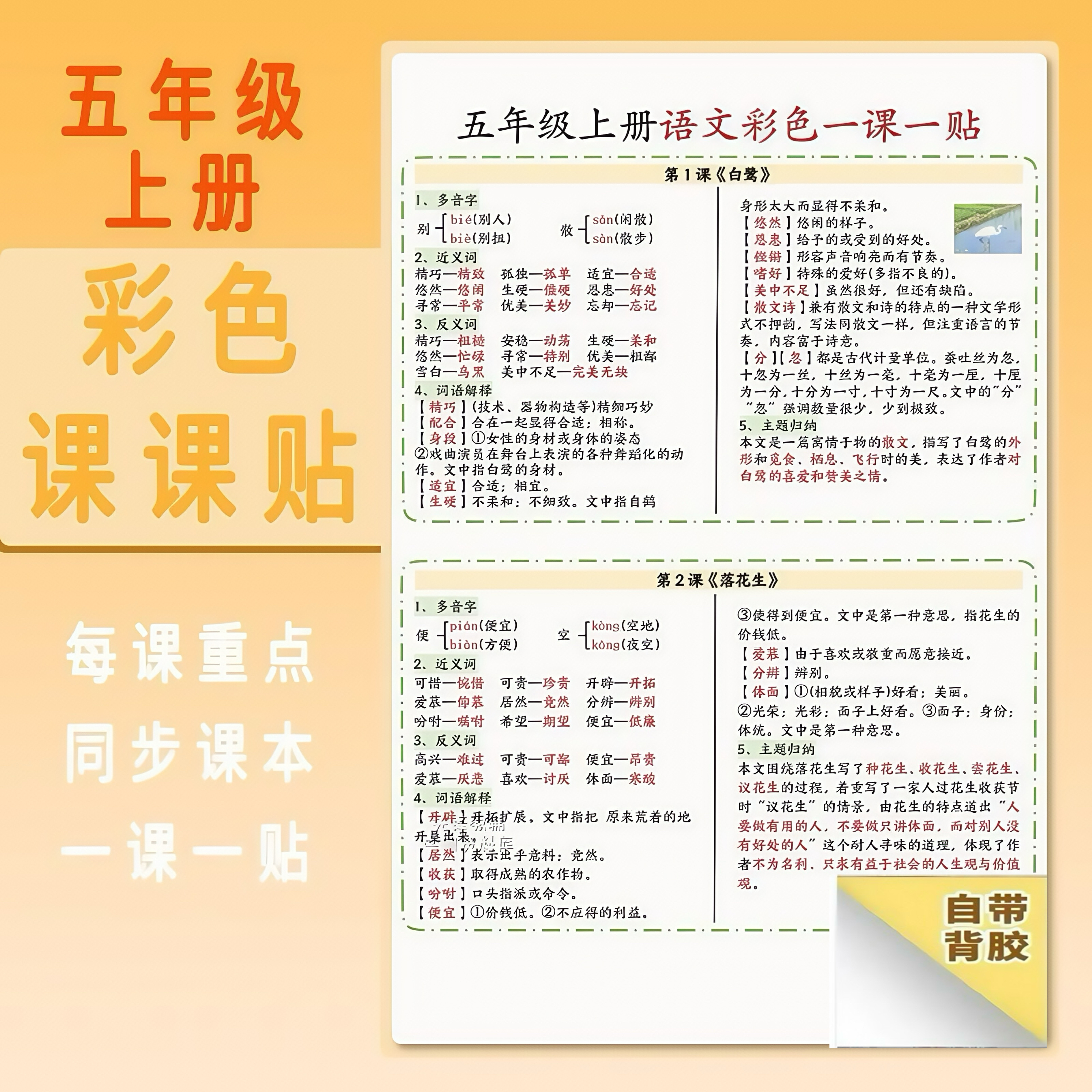 2025新版小学语文课课贴五年级上册一课一贴思想课内重点生字组词