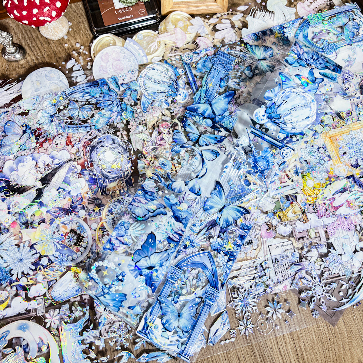 梦幻蓝色雪花海洋水母背景特材流麻胶带pet华丽花朵手帐素材分装