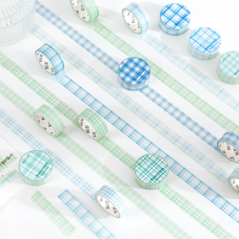 整卷】蓝色清新格子硫酸纸胶带本季限定盐系打底绿色手帐素材基础