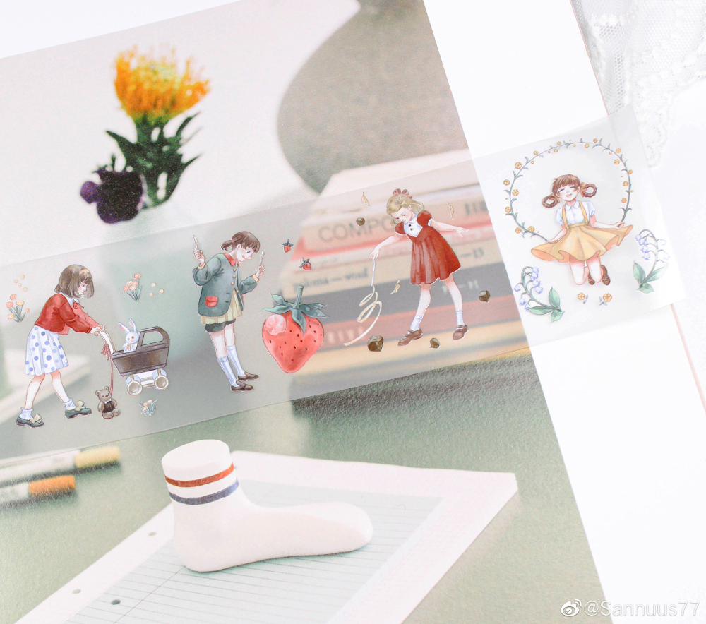 绝美sannuus三妞袖间花四季花园纸押花盐系点缀pet胶带手帐人物