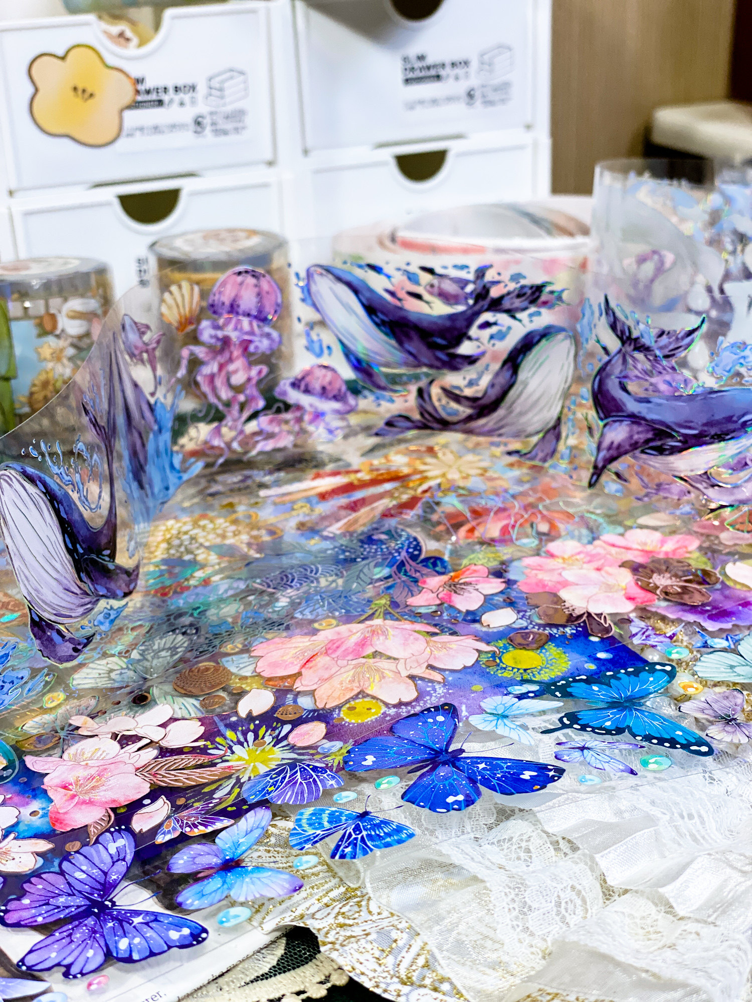 绝美网红华丽和风镭射银pet大合集!背景植物花朵素材胶带分装