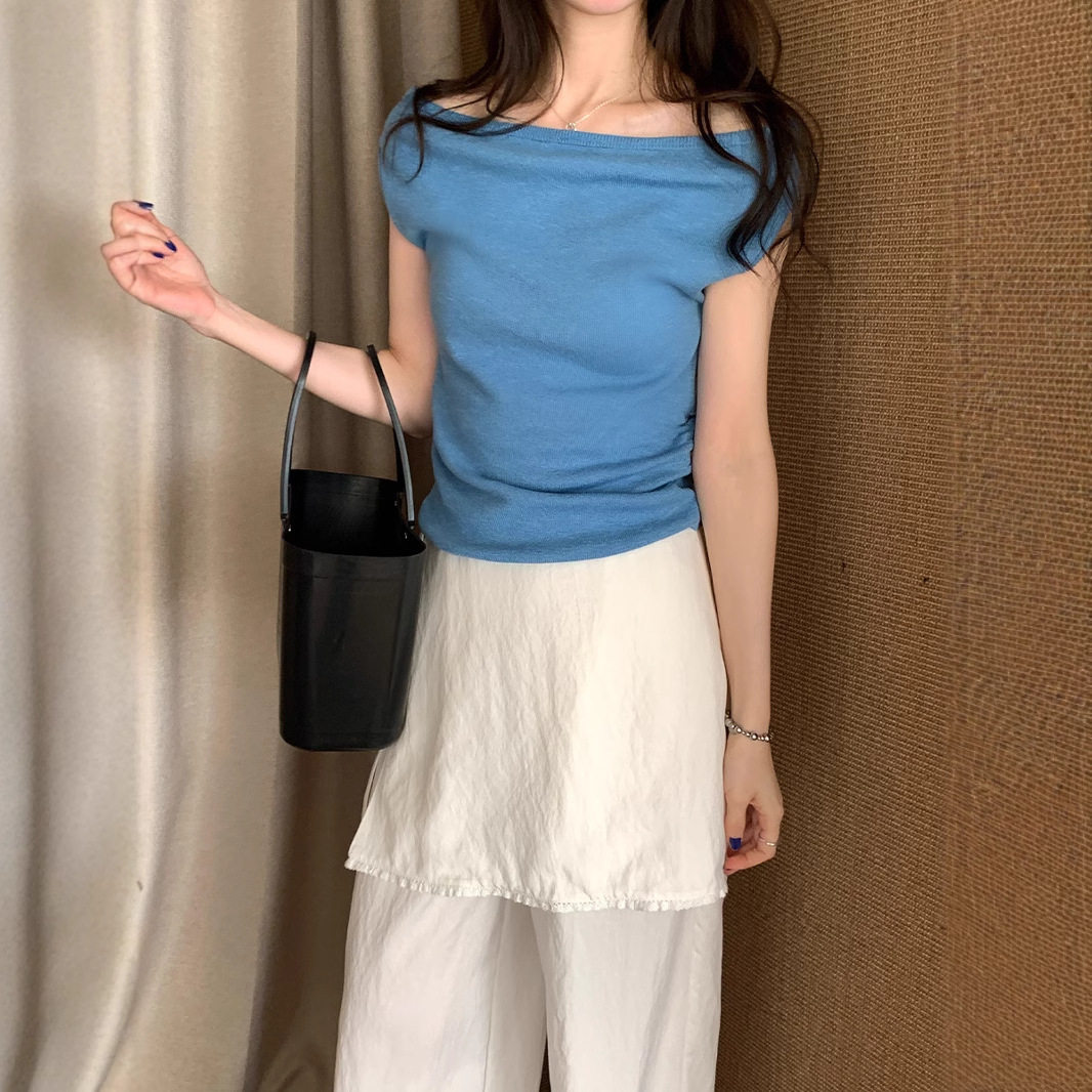 薇颂服饰2025夏季新款韩版设计感抽褶收腰显瘦短袖针织衫上衣女