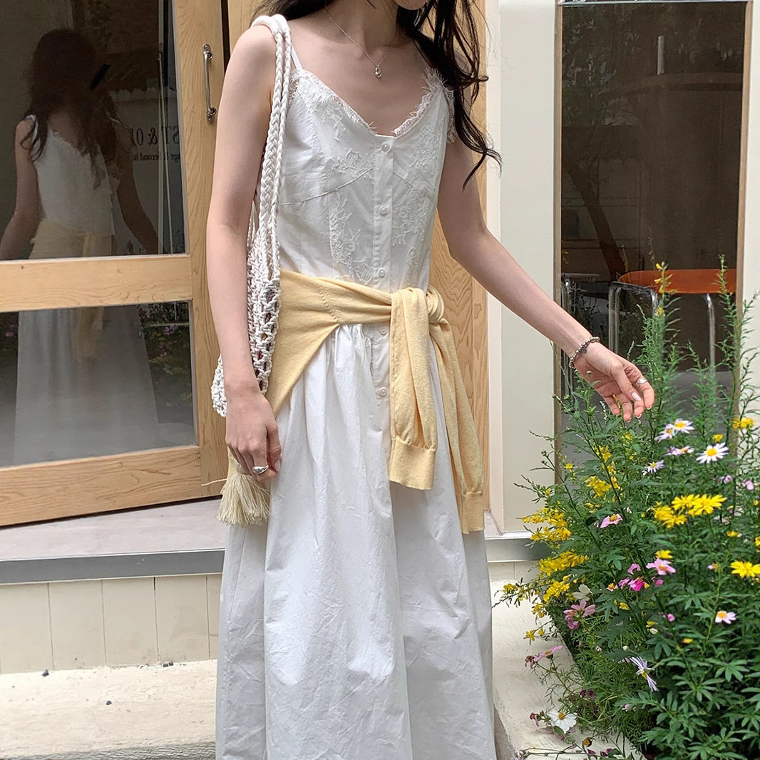 薇颂女装2025夏季新款韩版修身显瘦蕾丝边v领吊带连衣裙长裙女