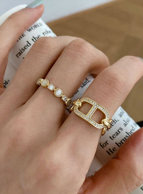 韩国2021年新款潮猪鼻子猫石镶钻开口戒指女时尚个性小众设计