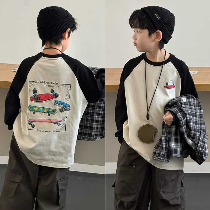 2025新款街头滑板个性印花长袖T恤男童圆领中大童春秋ins打底衫
