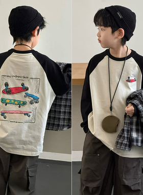 2025新款街头滑板个性印花长袖T恤男童圆领中大童春秋ins打底衫