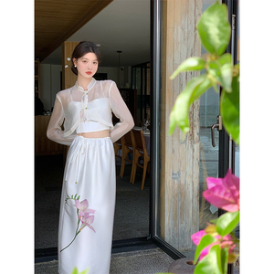 Fan Zhiqiao Fanzhu Twilight Retro National Wind Dress Women's Summer Three -piece New Chinese Saton Deloma Skirt