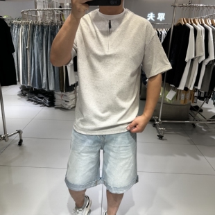 古伦尚夏季新款拼接假两件半拉链短袖T恤男老钱复古撞色半袖t上衣