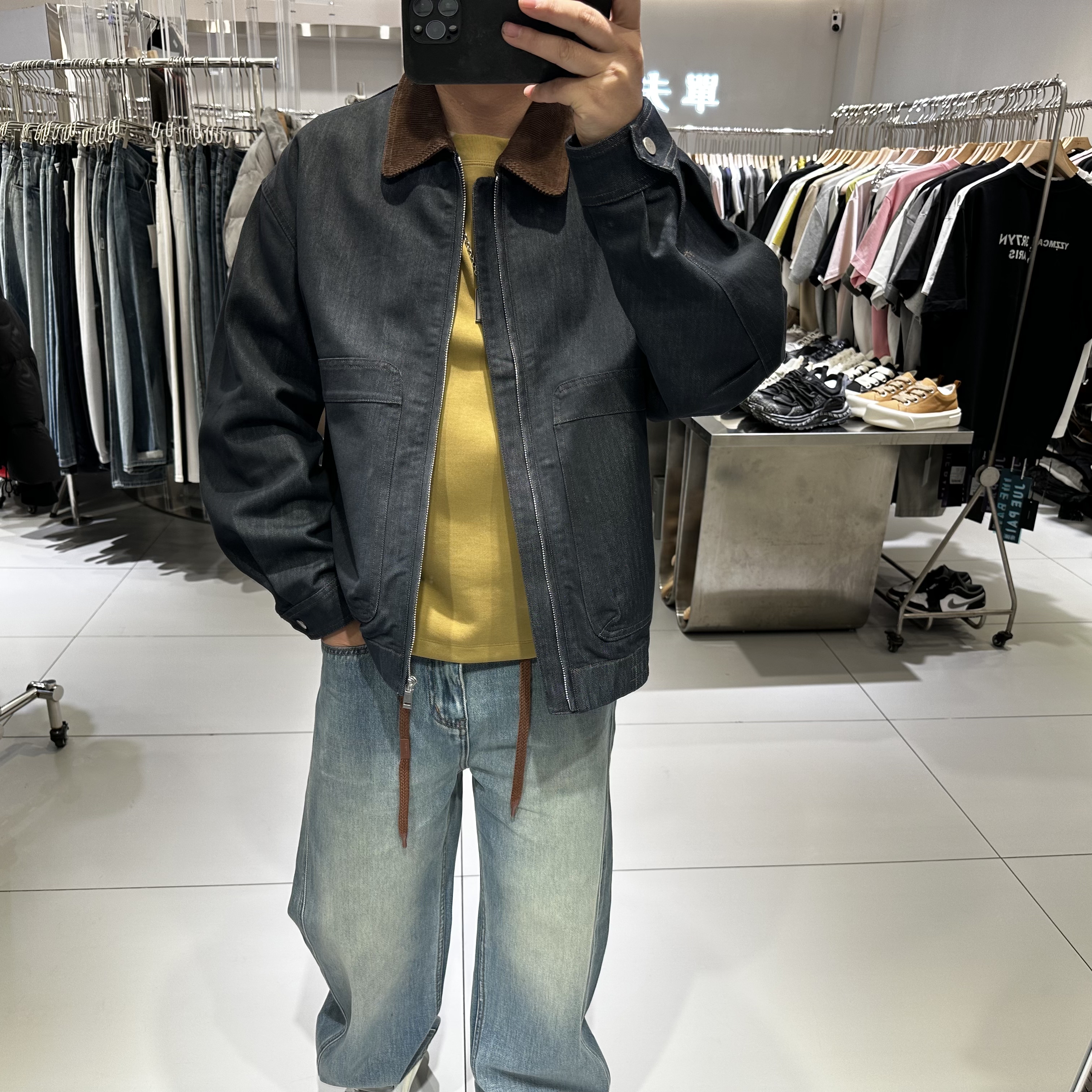 单目春季复古拼接巴恩风灯芯绒翻领牛仔牛仔夹克男日系休闲外套