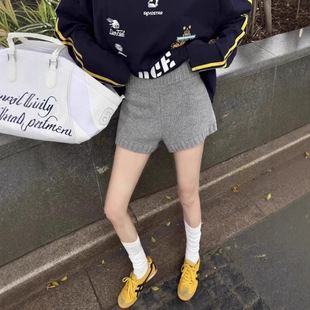 秋冬新款紧身显瘦热裤直筒裤短裤灰色针织高腰毛裤休闲裤运动裤女