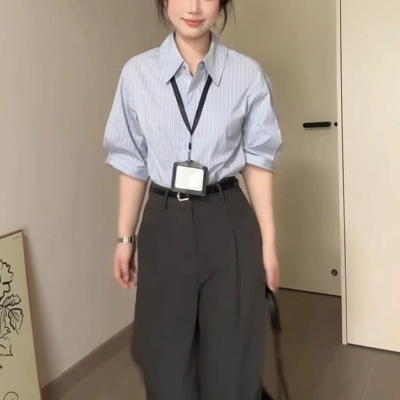 法式蓝色条纹衬衫女夏季新款简约高级感通勤职业面试气质小众套装