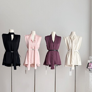 紫堇流光高级感气质缎面无袖飘带衬衫上衣2026年夏季时尚新款
