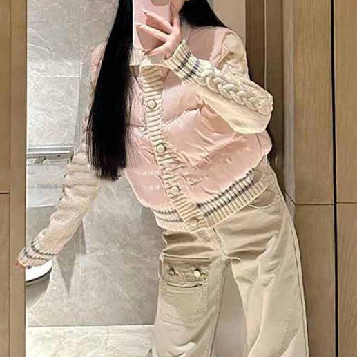 小香风粉色针织拼接棉服外套女秋冬季加厚保暖棉衣甜美小个子上衣