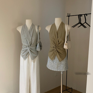 韩系2025气质设计小众条纹V领挂脖收腰无袖 扭结设计感背心上衣女