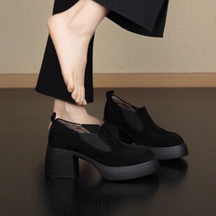 简约百搭小个子厚底深口单鞋 nnmiss 7cm秋冬加绒复古风通勤乐福鞋