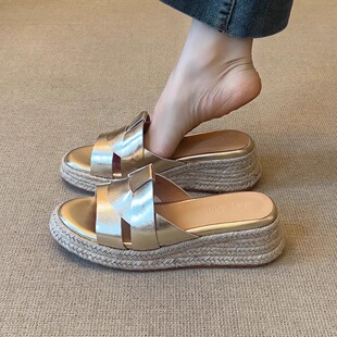 百搭牛皮厚底露趾外穿一字拖鞋 nnmiss 5cm复古休闲草编坡跟凉鞋