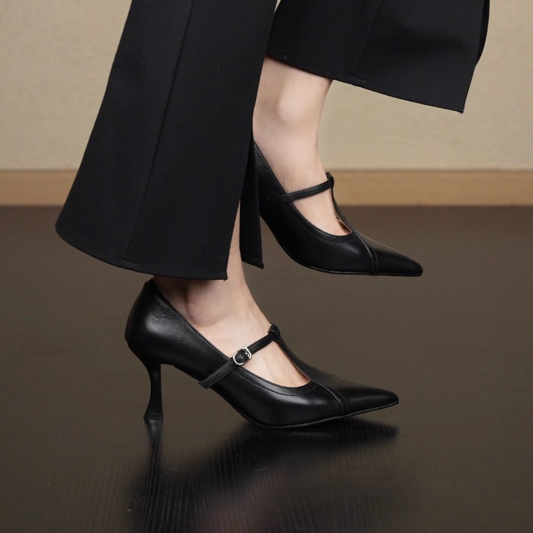 nnmiss/7cm小个子气质尖头丁字扣带高跟鞋简约复古浅口细跟单鞋