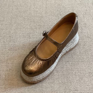 nnmiss·34-40/5.5cm草编坡跟鞋复古圆头褶皱浅口一字带厚底单鞋